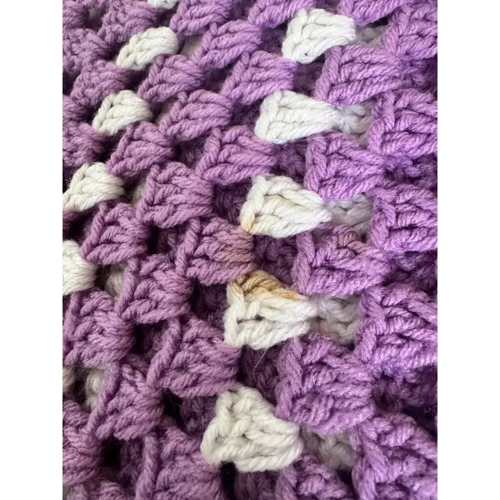 Handmade Crochet Afghan 69x57 Purple Cream Granny Square Cottagecore Blanket